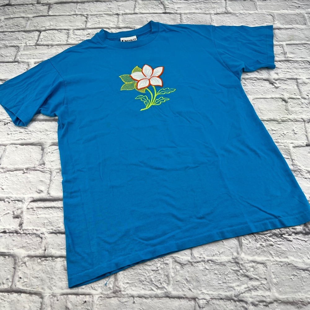 Cheek-O Vintage Blue Floral Embroidered Single Stitch T-Shirt Womens Large USA